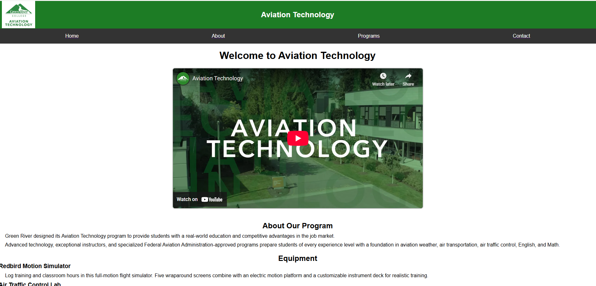 Green River College Aviation Technology department website showing homepage with program overview and YouTube video embed