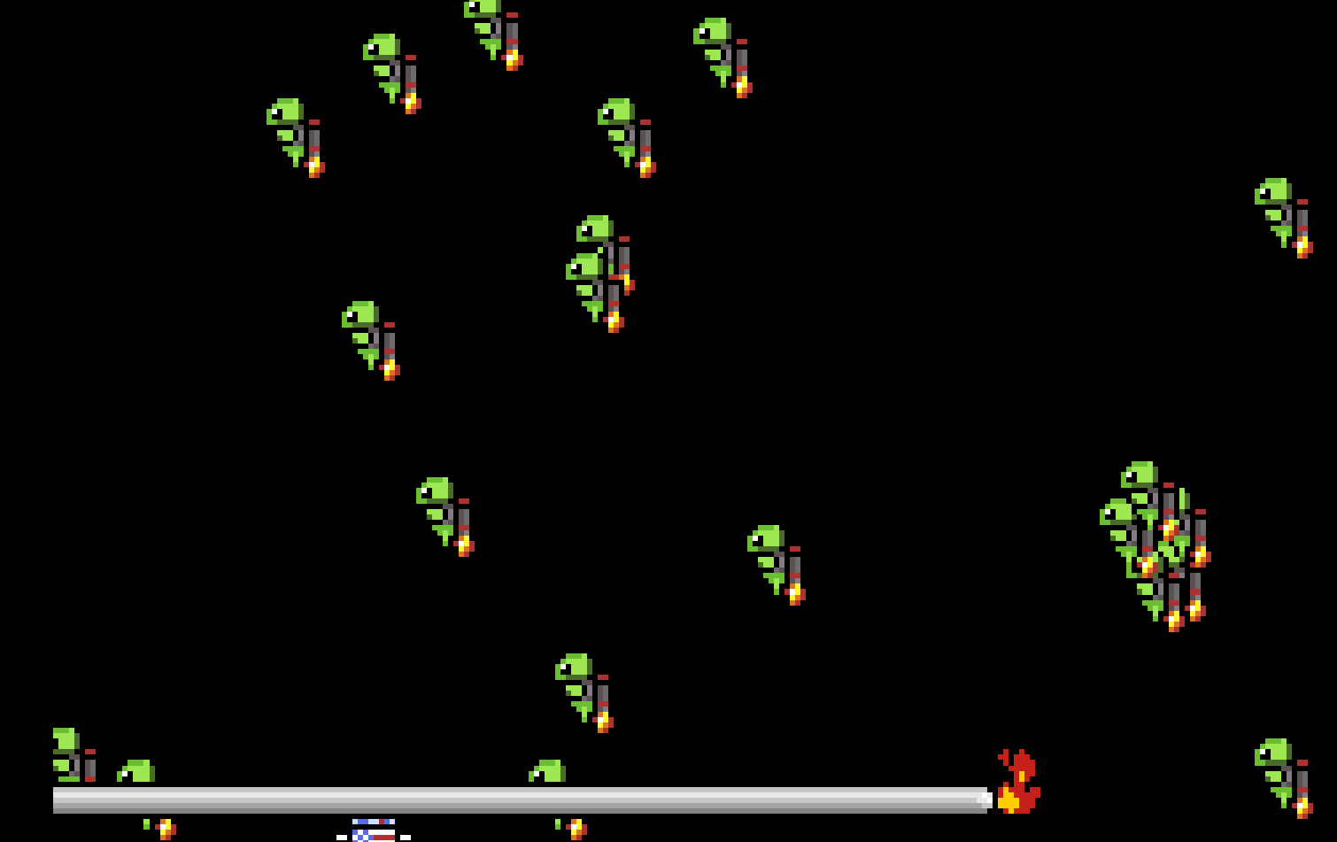 Escape Mars GBA game title screen showing pixel art enemies descending from the right and a player character on a platform