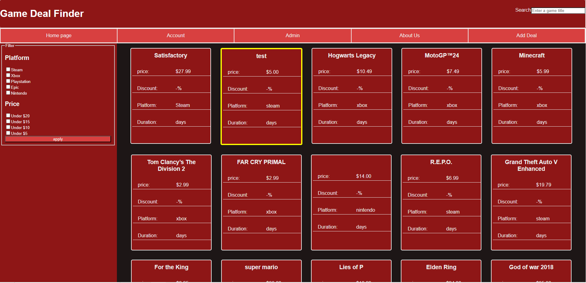 Game Deal Finder home page showing a grid of discounted games with platform and price filters